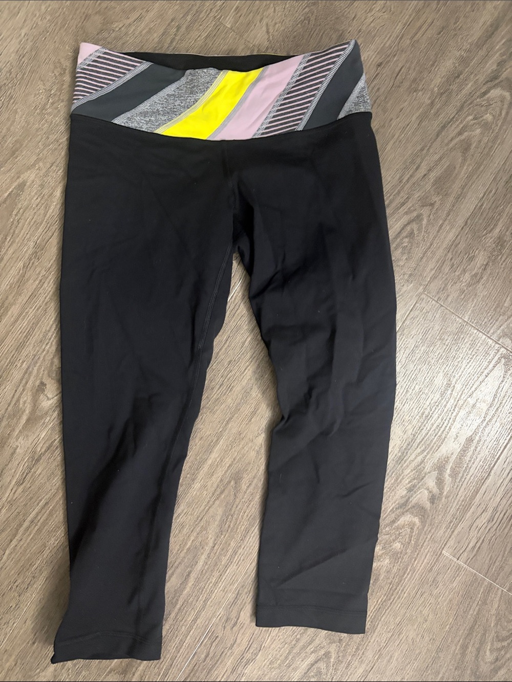 lululemon athletica Black Capri Leggings with Yellow and Pink Chevron Waistband